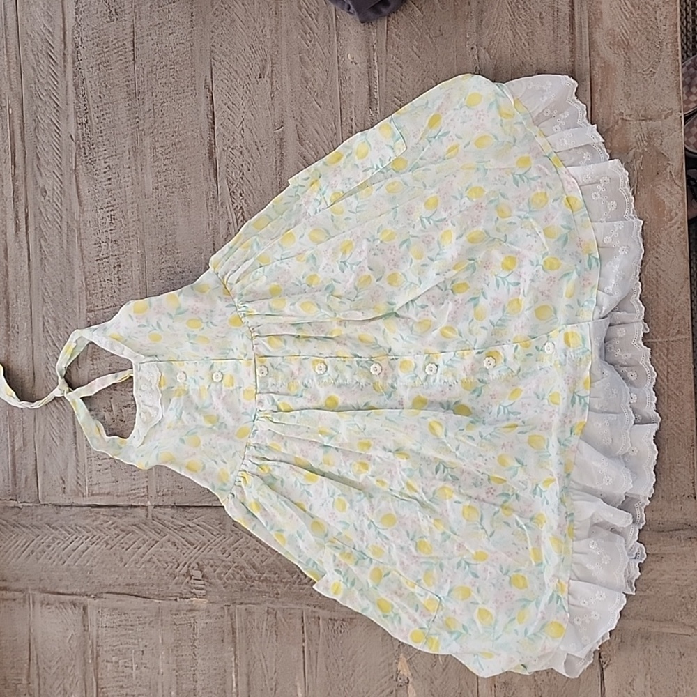 Toddler girls halter dress with yellow lemon and lace accents